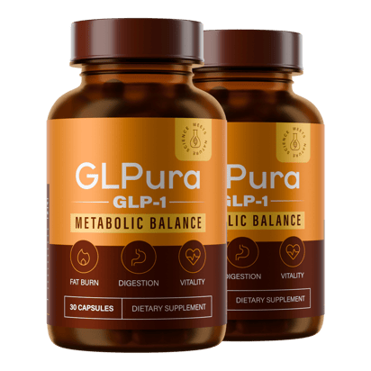 To flasker GLPura GLP-1 Metabolic Balance kapsler, 2-flaskepakken, med den ravgule etiket