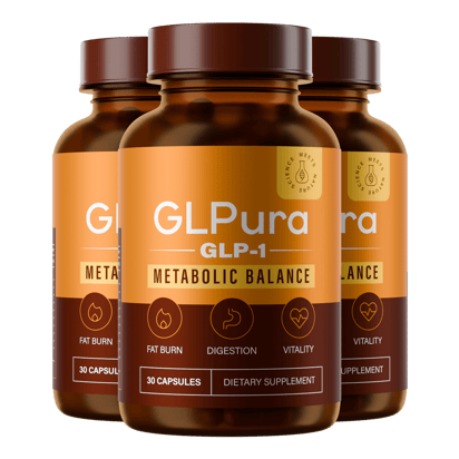 Three bottles of GLPura GLP-1 Metabolic Balance supplement